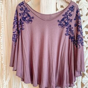 We The Free Lavender Blouse with Navy Embroidery
